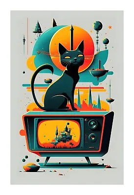 1950s Cat TV - A Mid Century Modern Atomic Age TV With A Sassy Black Cat E2 • $19.99