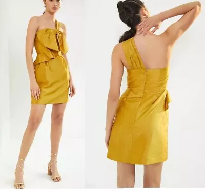 NWT Anthropologie X Hutch Gold Bow-Tie One Shoulder  Cocktail Mini Dress Sz 14 • $129