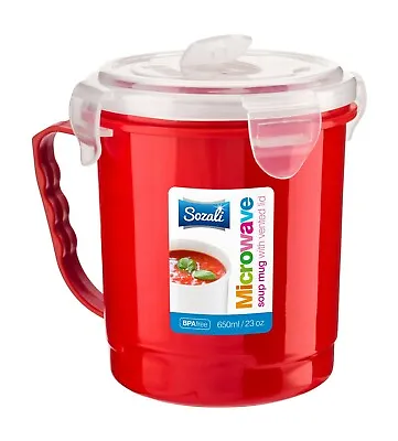 Microwave Soup Mug 650ml Plastic Cup Container Hot Drink Food Pasta Porridge Red • £5.50