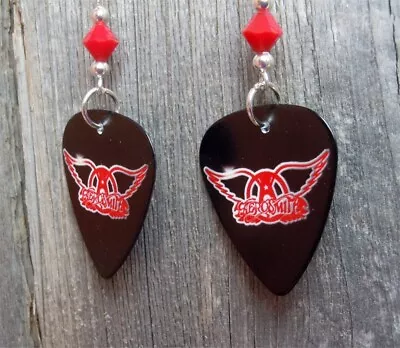 Aerosmith Black Guitar Pick Earrings With Opaque Red Swarovski Crystals • $7