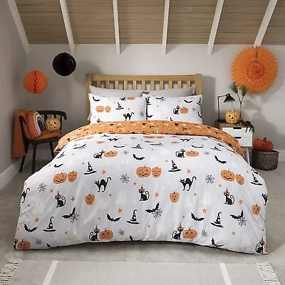 £17.99 • Buy Halloween Autumn White Orange Pumpkins Ghosts Cobwebs Cats SINGLE Duvet Bedding