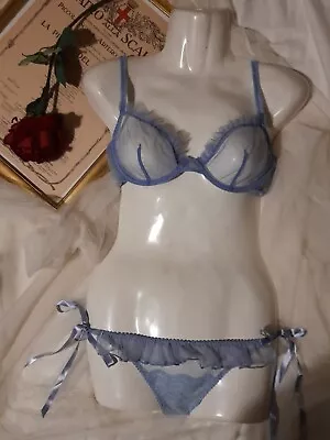 MYLA Elm Row Powder Blue Under Wire Bra Set Size 34B & Tie Side Knickers Size S • £68