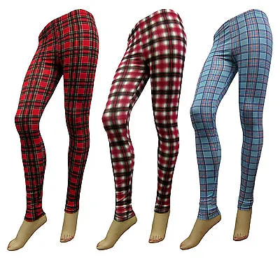 New Womens Tartan Check Print Full Length Ladies Leggings Size 8 10 12 14 16 • £4.99