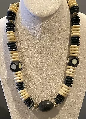 Vintage African Coconut Bead & Mother Of Pearl Tribal Necklace 23” • $25