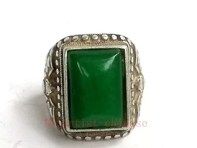 Ornament Collection Chinese Tibet Silver Handmade Bat Inlay Green Jade Ring Gift • £14.69