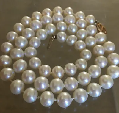 VINTAGE 1960s AKOYA SALTWATER PEARL NECKLACE 7.5mm 18in. W/14k Y. GOLD CLASP • $375