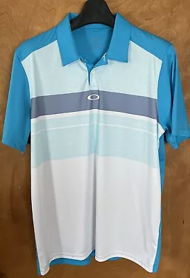 Oakley Polo Shirt Mens Large Blue White Button Short Sleeve Stretch Golf Casual • $15.99