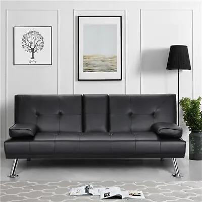 Sleeper Sofa Couch Convertible Sofa Bed Fold Living Room Futon PU Leather Black • $219.99
