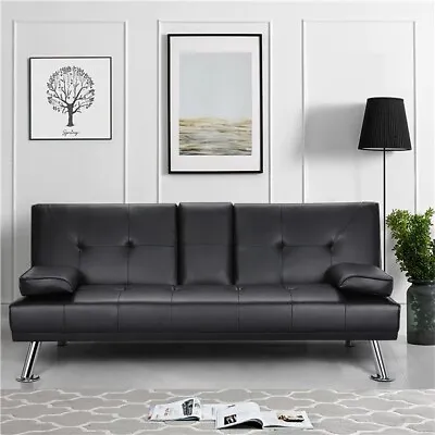 Sofa Couch Convertible Sofa Bed Fold Living Room Futon PU Leather Black • $71.26