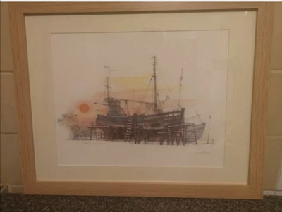£60 • Buy Vintage Framed Signed Print Of A Ship By Danish Artist Mads Stage