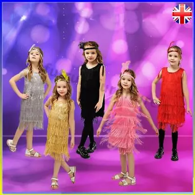 Kids Girls Flapper Dress 1920s Fancy Dress Charleston Gatsby Halloween Costume • £17.56