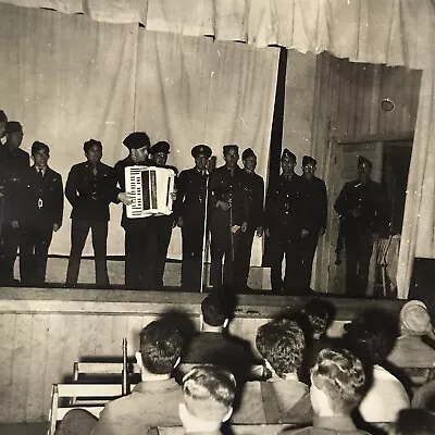 Vintage Black And White Photo Military Accordion Player Service Men Stage  • $6.69