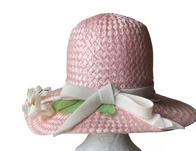 Vtg Mr John Jr. Pink White Raffia Hat Wide Brim Bow Flower Derby Church Wedding • $46.90