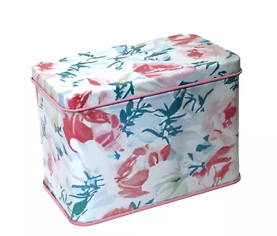 Vintage Recipe Box Metal Tin Pink Floral Pretty Paper Hinged Lid • $7.95