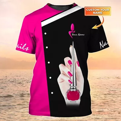 Nail Tech Custom Tshirt Nail Salon Uniform Black Pink 3D Tee Shirt • $29.99