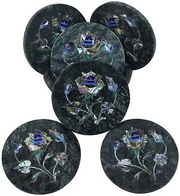4.5 Inches Shiny Gemstone Inlay Work Tea Coaster Set Table Decor Marble Cup Mat • $146.25