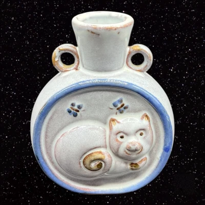 $38 • Buy Vintage Pottery Cat Vase Blue Glazed Redware Art Pottery W Butterfly 3.75”T
