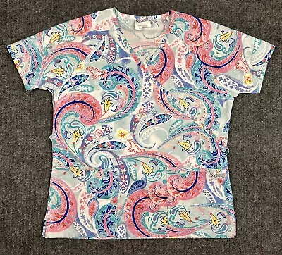 UA Scrubs Pink Swirls/paisley Scrub Top - White With Pink Blue Purple - Size XS • $5