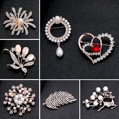 Lady Rhinestone Crystal Brooch Pin Pearl Flower Diamante Wedding Dress Brooches • £3.19