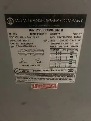 MGM 15 KVA 208V To 208Y/120V 3 PH Transformer • $650