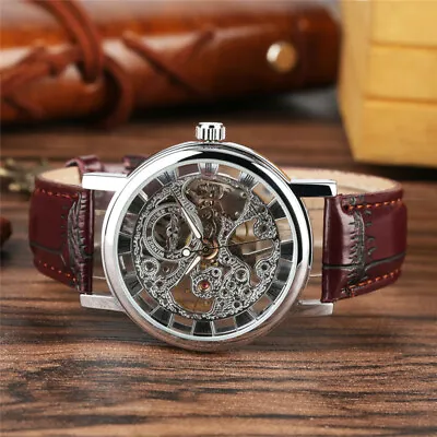 Men Luxury Transparent Mechanical Hand-winding Skeleton Wrist Watch Leather Band • $19.73