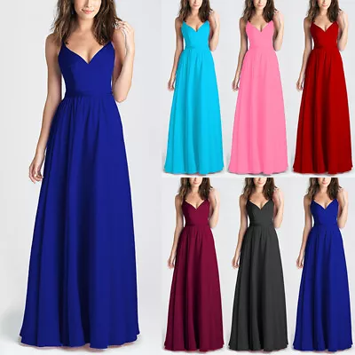 Womens Wedding Bridesmaid Dress V Neck Maxi Evening Party Prom Ball Gown Dresses • £14.99