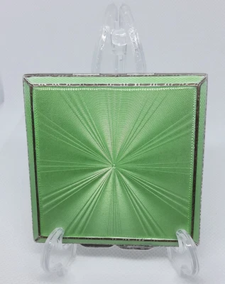 £230 • Buy Sterling Silver & Green Guilloche Enamel Powder Compact HM 1938