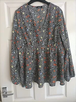 Simply Be Black Floral V Neck Top Elasticated Waist/Peplum Size 16 • £4