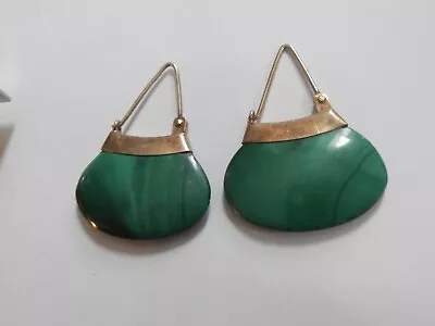 Malachite Natural Stone Vintage Export Gold Over Sterling Silver Earrings • $130