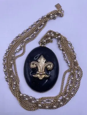 Vintage Signed Rachel Leigh Fleur-de-lis Necklace Black Goldtone Faux Pearl • $5.99