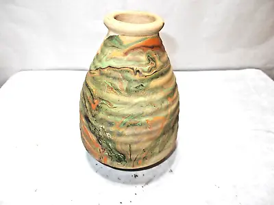 Vintage Nemadji Green Orange & Brown Swirl 6  Ribbed Vase W Nemadji USA Pottery • $14.99