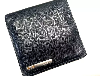 Cartier Vintage Santos Logo Plate Caviar Skin Leather Wallet Bifold France Black • $127.24