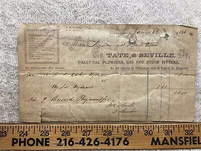 1866 Tate Seville Plumbers Gas Steam Fitters Pittsburgh PA Receipt Vtg • $7.99