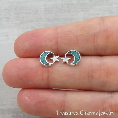$13.95 • Buy .925 Sterling Silver And Turquoise Moon And Star Celestial Post Stud Earrings