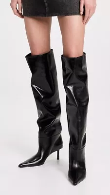 ALEXANDER WANG 65 Viola Black Leather Slouch Knee High Boots Heels Shoes 37 • $1190