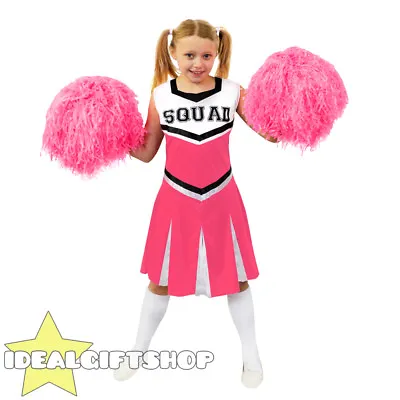 Childs Pink High School Cheerleader Girls Fancy Dress Costume With Pom Poms • £12.99