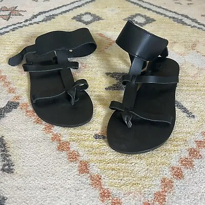 Greek Black Genuine Leather Gladiator Sandals Womens Sz 6.5 Strappy Open Toe • $39.50