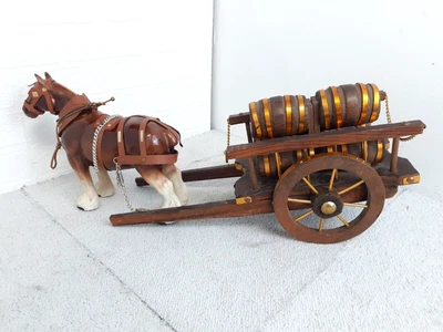£24.99 • Buy Porcelain Shire Horse Pulling Wooden Cart Barrels Ornament Leather Harness