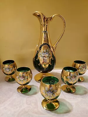  Vintage Murano Venecian Enamel Glass Emerald Pitcher With Five Glass Set • $75