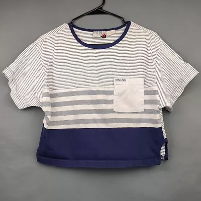 Vintage Hang Ten Blue White Striped Shirt L Midriff Cut Surf Skate Hawaiian 80s • $22.39