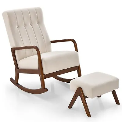 Rocking Chair With Ottoman Upholstered Fabric Tufted Glider Chair & Footrest Set • £139.95