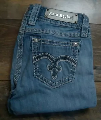 $28.90 • Buy Rock Revival Alanis Sz 27w×22l Stretch Embroidered Blue Denim Capris/jeans Euc 
