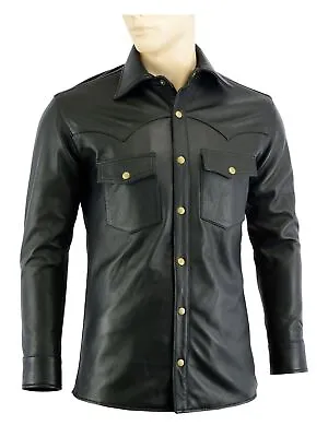 Men's Soft Black Leather Slim Fit Full Sleeve Button Up Shirt • $64.99