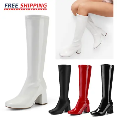 $59.99 • Buy Women Chunk Block Heel Zip Up Square Toe Gogo Boots Fashion Knee High Boots