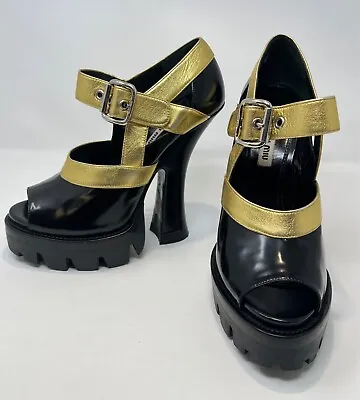 RARE Mui Mui RUNWAY Lug Sole Black Gold Platform Heels Fall 2013 39 • £317.22