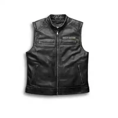 Harley Davidson Men's Genuine Motorcycle Black Leather Biker Vest Motorbike Men • $79.99