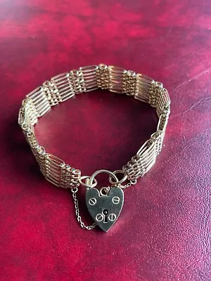 9ct Gold 7-bar Gate Link Bracelet With Heart Shaped Clasp And Safety Chain25.9g • £800