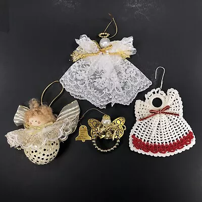 4pc Lot VTG Victorian ANGEL Christmas Ornament Lace Crochet Gold #132 • $24.95