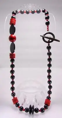Vintage Necklace Red Black Discs Round Beads Horn Toggle Clasp Flat Beads  • $25