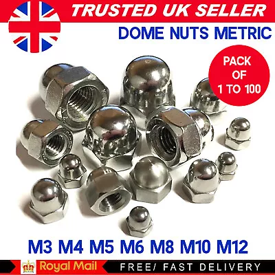 M3 M4 M5 M6 M8 M10 M12 Dome Nuts Hex Domed Nuts Stainless Steel A2 - Din 1587 • £1.04